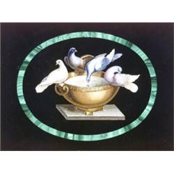 Italian Micro-Mosaic Plaque of 'Pliny's Doves', Last Half 19th Century, Set within a malachit...