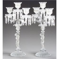 Pair of Baccarat Molded and Frosted Glass Three-Light Figural Candelabra, Modern, Each with a...