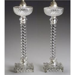 Pair of Baccarat-Type Molded Swirl Glass Oil Lamps, Late 19th Century, Height: 21-1/2 in (54....