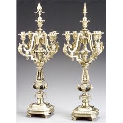 Pair of Continental Renaissance Revival Ebonized Wood and Brass Five-Light Candelabra, Early 20...