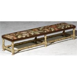 Franco-Flemish Baroque Style Turned Oak and Flemish Tapestry Upholstered Bench, 20th Century; U...