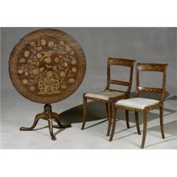 Anglo-Dutch Rococo Style Marquetry Mahogany Tip-Top Tripod Table and a Pair of Side Chairs, Las...