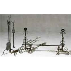 Continental Baroque Style Black Painted Wrought Iron Seven-Piece Hearth Set, 20th Century, Co...