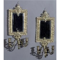 Pair of Continental Renaissance Style Brass Three-Light Girandole Mirrors, Late 19th-Early 20th...