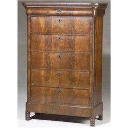 German Neoclassical Style Flame Crotched Mahogany Tall Chest of Drawers, Circa 1840-1850, Som...