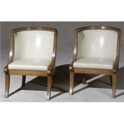 Pair of Continental Neoclassical Cherry and White Leather Upholstered Barrel-Back Armchairs, Au...