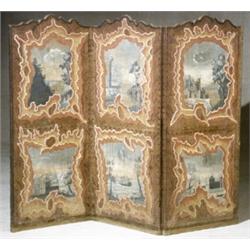 Pair of Continental Rococo Style Painted Canvas Three-Panel Screens, Late 19th Century, Each...