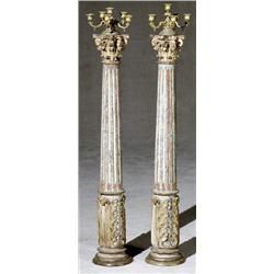 Pair of Italian Neoclassical Style Painted and Decorated Pine Corinthian Columns Mounted with Lou...