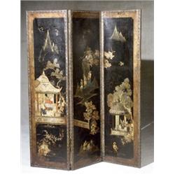 Continental Black Japanned Leather Three-Panel Screen, Circa 1900, Some repairs and tears to...