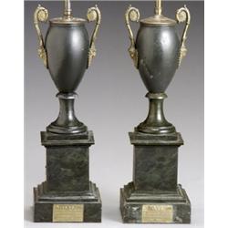 Pair of Louis Philippe Ormolu Mounted Green T(le Peinte Urns, Second Quarter 19th Century, Ea...