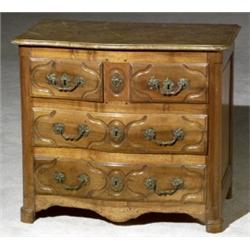 Louis XV-XVI Ormolu Mounted Walnut Faux Marble Decorated Serpentine Small Commode, Third Quarte...