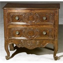 Louis XV Walnut Serpentine Small Commode, Third Quarter 18th Century, Back replaced; some wor...