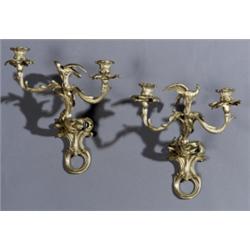 Pair of Continental Ormolu Two-Light Sconces, Late 19th Century, Regilded; some stress cracks...