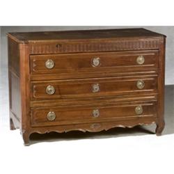 Louis XV-XVI Walnut Commode, Third Quarter 18th Century, Top finish with some moisture distre...