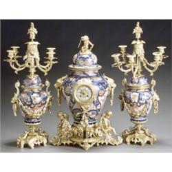 Louis XV Style Ormolu Mounted Imari Porcelain Three-Piece Clock Garniture, The Movement by S. M...