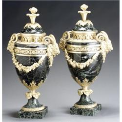 Pair of Louis XVI Style Ormolu Mounted Green Marble Covered Urns, Late 19th Century, Each wit...