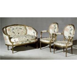 Louis XVI Style Giltwood Three-Piece Salon Group, First Quarter 20th Century, Consisting of a...