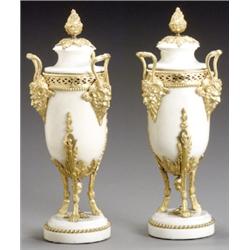 Pair of Louis XVI Style Ormolu Mounted White Marble Covered Urns, Late 19th Century, Each hav...