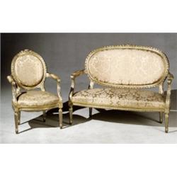 Louis XVI Style Giltwood Five-Piece Salon Group, First Half 20th Century, Consisting of a sma...