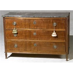 Louis XVI Plum Pudding Mahogany Marble Top Commode, Last Quarter 18th Century, The mottled gr...