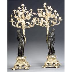 Pair of Louis XVI Style Ormolu and Bronze Ten-Light Figural Candelabra, Late 19th Century, Ea...