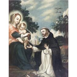 Peruvian School, 18th Century, Madonna and Child with St. Francis, Unsigned, Oil on canvas...