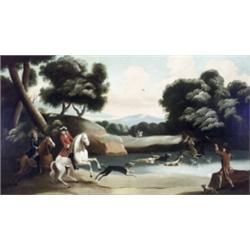 British School, 19th Century, Hunting Scene, Unsigned, Oil on canvas, 33 x 57 in (83.8 x...