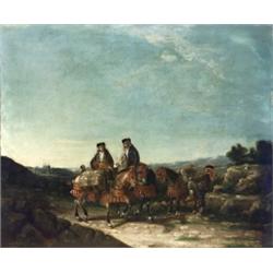 European School, 19th Century, Middle Eastern Landscape with Figures on Horseback, Signed ind...