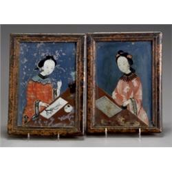 Pair of Chinese Export Reverse Painted Glass Portraits of Ladies, Early 19th Century, Each wi...