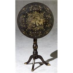 Chinese Export Gilt Decorated Black Lacquered Tip-Top Birdcage Tripod Stand, Mid to Third Quart...