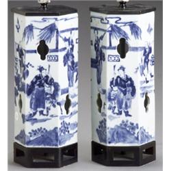 Pair of Chinese Export Blue and White Hexagonal Lanterns, Guangxu Period (1875-1908), Each mo...