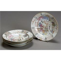 Set of Five Chinese Export 'Famille Rose' Soup Plates, Jiaqing Period (1796-1820), One plate...