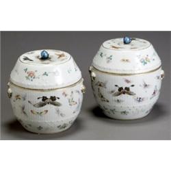 Pair of Chinese Export 'Famille Rose' Barrel-Form Covered Jars, Guangxu Period (1875-1908), E...