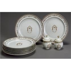 Set of Ten Chinese Export Dinner Plates and a Pair of Pot de Cremes, Qianlong Period (1736-1795...