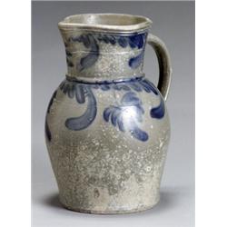 American Cobalt Blue Decorated Salt-Glazed Stoneware Pitcher, Mid-19th Century, The shoulder...