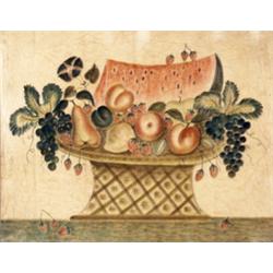 American Theorem Still Life Painting, Late 19th-Early 20th Century, Worked in red, pink, gree...