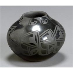 Santa Clara Blackware Jar, Signed Birdell, Dated 1992, Decorated with a continuous bands of s...