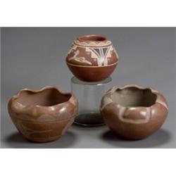 Group of Three Southwest Redware Jars, 20th Century, The first, with a scalloped rim above a...