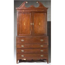 Federal Satinwood Inlaid Cherry Linen Press, New Jersey, Circa 1800, Lacking finial; some los...