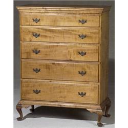 Queen Anne Curly Maple Tall Chest of Drawers, Connecticut or Rhode Island, Circa 1760, Brasse...