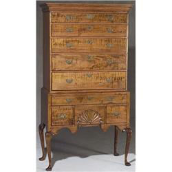 Queen Anne Curly Maple Highboy, Connecticut or Massachusetts, Circa 1760, Brasses probably re...