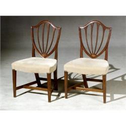 Pair of Federal Satinwood Inlaid Mahogany Shield-Back Side Chairs, Attributed to the Workshop o...