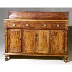 Classical Curly and Bird's-Eye Maple Sideboard, Pennsylvania, Circa 1820, Pressed glass pulls...