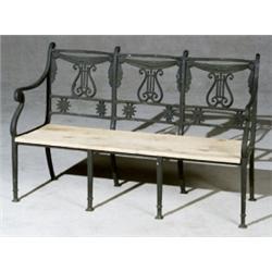 Pair of American Neoclassical Style Black Painted Cast Iron Triple Chair-Back Garden Benches, L...