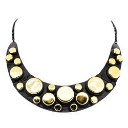 Metallic Button Bib Necklace - Black Plated