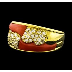 Coral and Diamond Ring - 18KT Yellow Gold