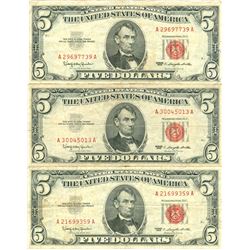 1963 $5 VG/XF Red Seal Note Lot of 3