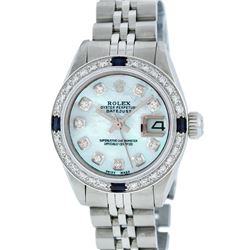 Rolex Stainless Steel Blue MOP Diamond and Sapphire DateJust Ladies Watch