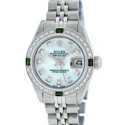 Rolex Stainless Steel Blue MOP Diamond and Emerald DateJust Ladies Watch