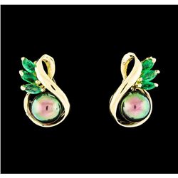 Pearl and Emerald Earrings - 14KT Yellow Gold